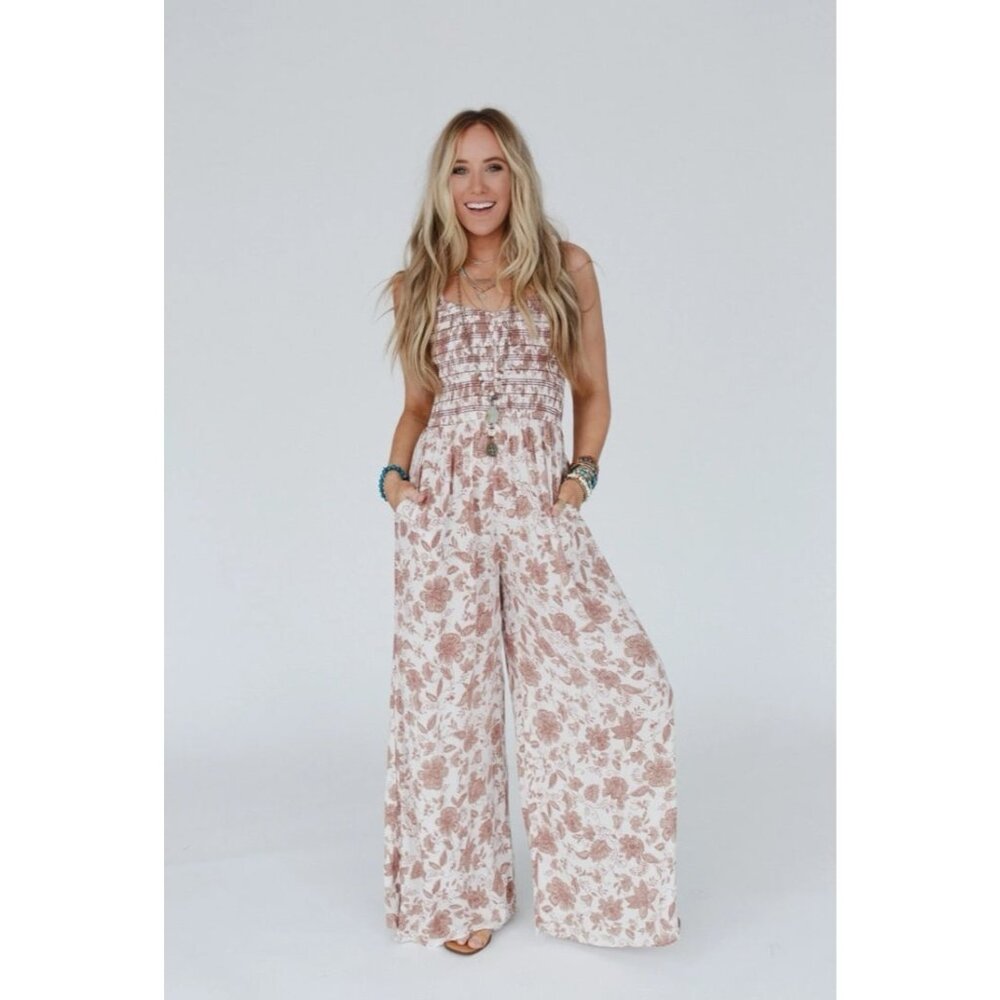Botanic Bloom Wide-Leg Floral Jumpsuit – Size Small, Flowy & Lightweight